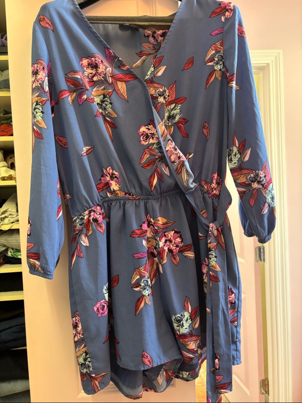 Floral Wrap-Style Blue Women's Dress